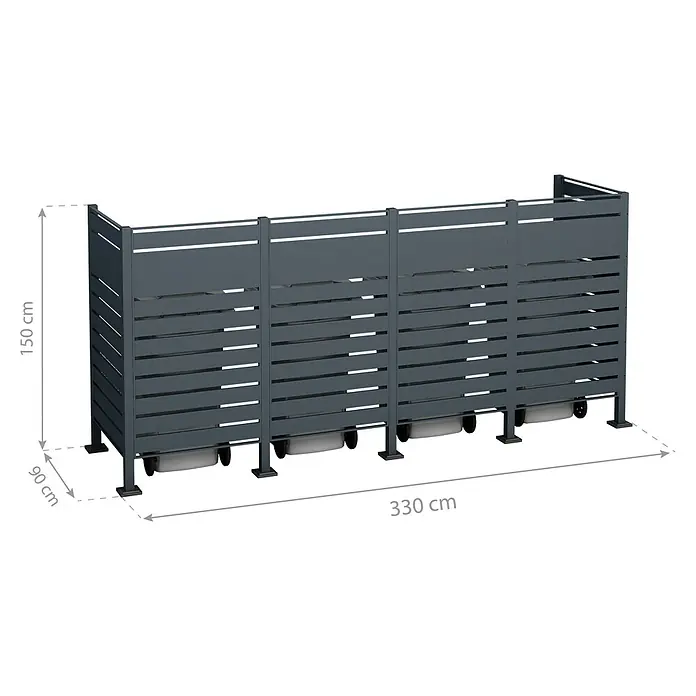Westmann Mülltonnenbox Verkleidung Planum - 90 x 330 x 150 cm, Anthrazit - Mülltonnenbox mit Abmessungen. Die Box ist 330 cm breit, 150 cm hoch und 90 cm tief.