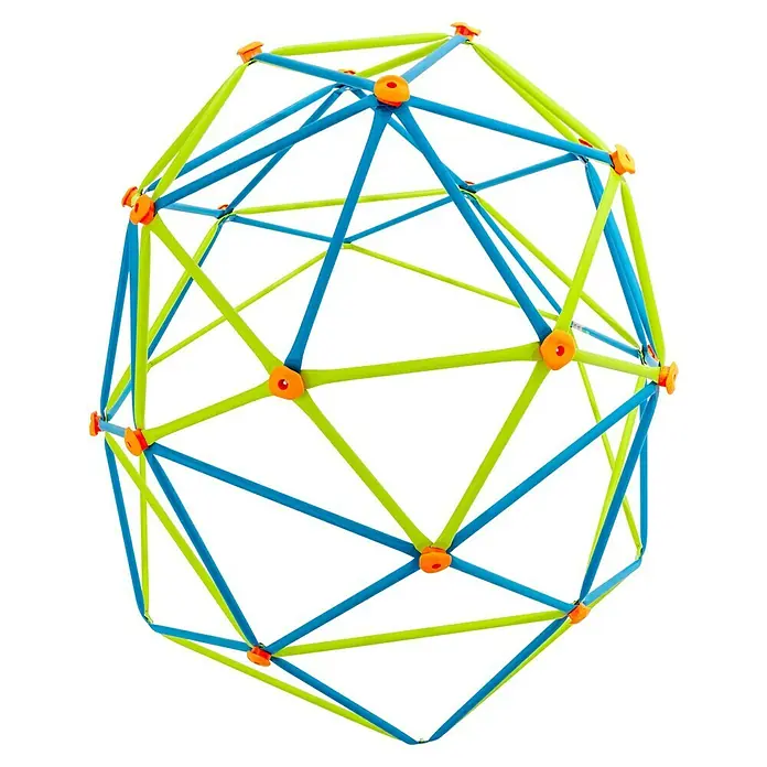 Lifetime Klettergerüst Geodome - 238 x 238 x 223 cm, Stahl, Grün / Bronze - Nahaufnahme eines bunten Bauspielzeugs, das aus blauen und grünen Stäben und orangefarbenen Verbindungsstücken besteht und eine Kugelform bildet.