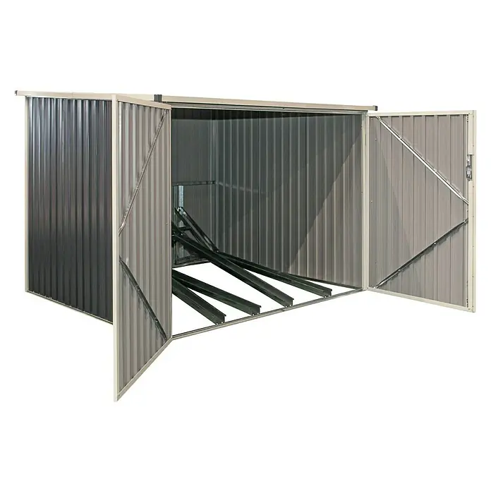 Westmann Fahrradgarage - Anthrazit, Außenmaß inkl. Dachüberstand (B x T): 200 x 202,5 cm - Graues Wellblech-Gerätehaus mit geöffneten Türen, das interne Halterungen zeigt.