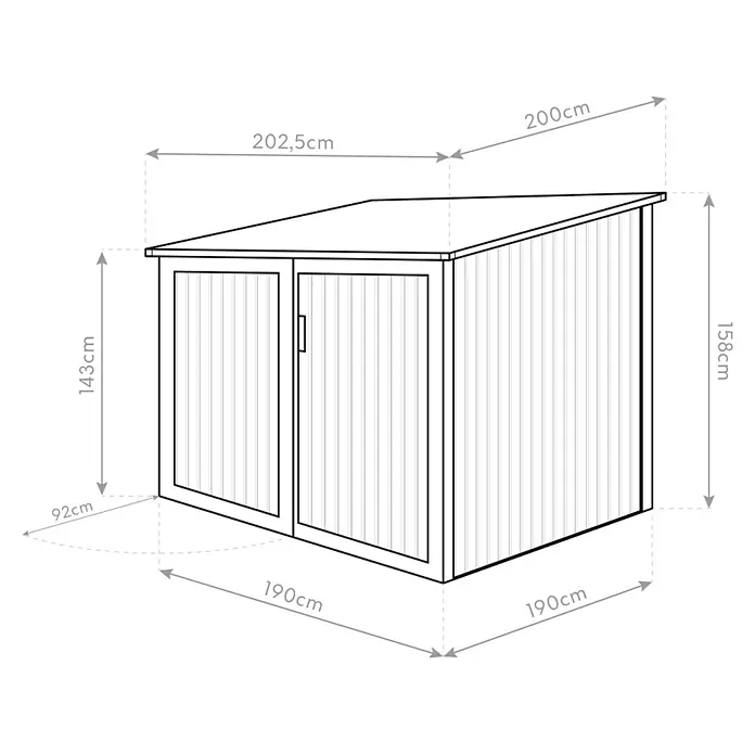 Westmann Fahrradgarage - Anthrazit, Außenmaß inkl. Dachüberstand (B x T): 200 x 202,5 cm - Eine Strichzeichnung eines Gartenhauses mit schrägem Dach und zwei Türen, mit verschiedenen Abmessungen.