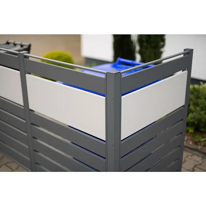 Westmann Mülltonnenbox Verkleidung Planum - 90 x 330 x 120 cm, Anthrazit/Grau - Grauer Mülltonnenbox mit weißen Elementen. Ein praktischer und optisch ansprechender Sichtschutz für Mülltonnen im Außenbereich.