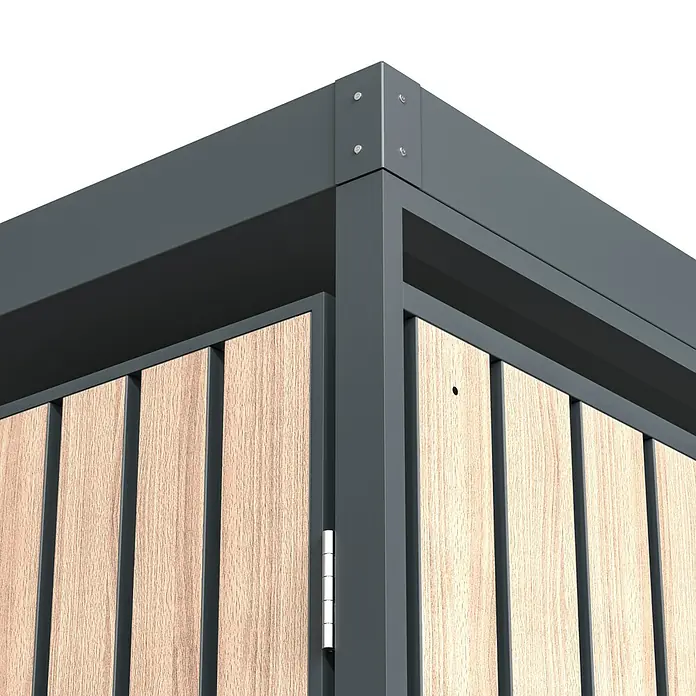 Westmann Mülltonnenbox Planta - Stahl, Anthrazit/Braun, Geeignet für Anzahl Mülltonnen: 3 Stk. - Detailansicht einer modernen Mülltonnenbox mit Holzverkleidung und stabilen grauen Rahmen.