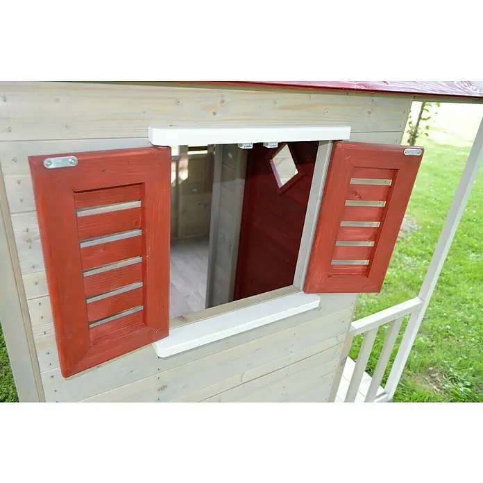 Wendi Toys Spielhaus Krokodil - L x B x H: 120 x 155 x 168 cm, Holz, Natur / Rot - Nahaufnahme eines Holzspielhauses mit roten Fensterläden, die das helle Holzhaus ergänzen und einen verspielten Akzent setzen.