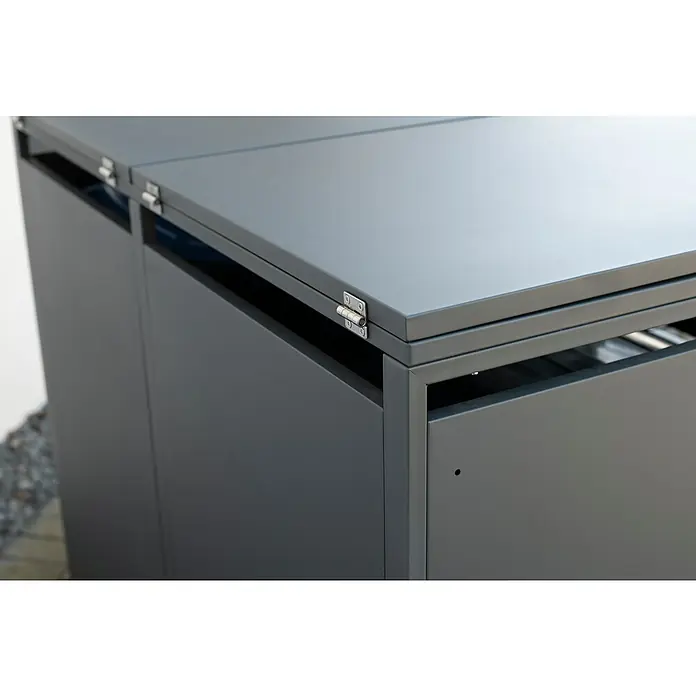 Westmann Mülltonnenbox Kubus - Stahl, Anthrazit, Geeignet für Anzahl Mülltonnen: 2 Stk. - Nahaufnahme eines modernen, grauen Outdoor-Mülltonnenbox-Systems mit Klappdeckel und minimalistischem Design für den Gartenbereich.