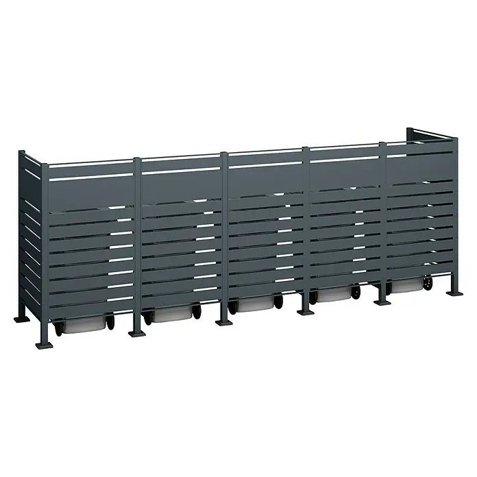 Westmann Mülltonnenbox Verkleidung Planum - 90 x 410 x 150 cm, Anthrazit - Eine moderne, graue Sichtschutzwand mit horizontalen Lamellen, die Privatsphäre bietet und gleichzeitig Licht durchlässt, ideal für Gärten.