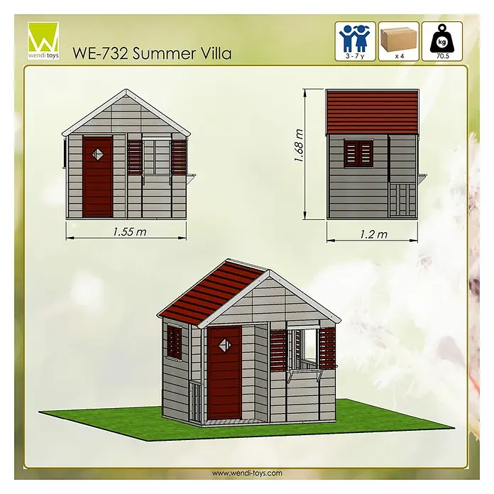 Wendi Toys Spielhaus Krokodil - L x B x H: 120 x 155 x 168 cm, Holz, Natur / Rot - Illustration des WE-732 Sommer Villa Spielhauses mit Maßangaben, geeignet für Kinder von 3-7 Jahren.
