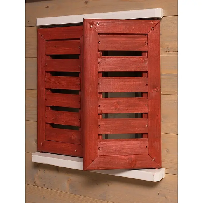 Wendi Toys Spielhaus Krokodil - L x B x H: 120 x 155 x 168 cm, Holz, Natur / Rot - Rote Fensterläden aus Holz mit Lamellen und weißem Rahmen, die an einem Holzhaus befestigt sind. Dekorative und funktionale Fensterabdeckung.