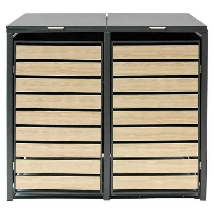 Westmann Mülltonnenbox Lacina - Stahl, Anthrazit/Braun, Geeignet für Anzahl Mülltonnen: 2 Stk. - Nahaufnahme einer modernen, grauen Mülltonnenbox mit horizontalen Holzpaneelen, die eine stilvolle und praktische Lösung für die Abfallentsorgung bietet.
