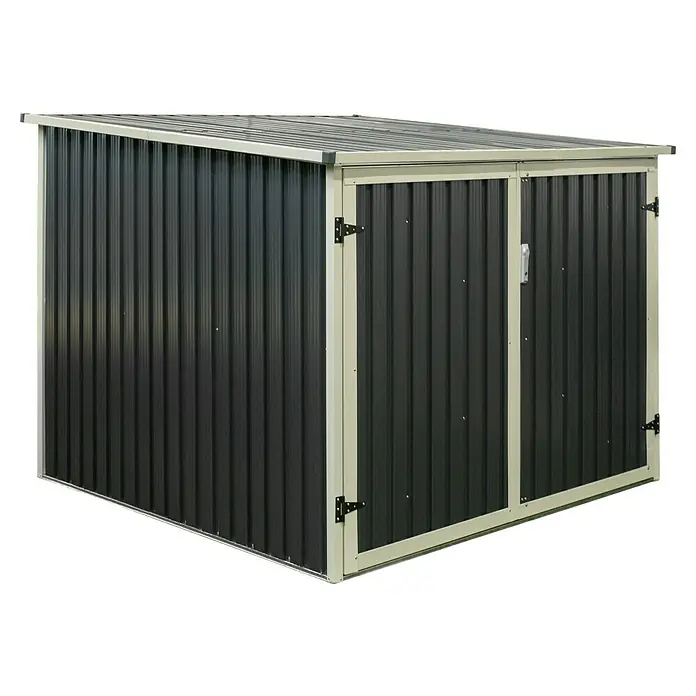 Westmann Fahrradgarage - Anthrazit, Außenmaß inkl. Dachüberstand (B x T): 200 x 202,5 cm - Kompaktes dunkelgraues Wellblech-Lagerhaus mit hellbeigem Rahmen und zwei Türen.