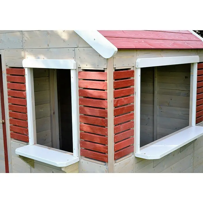 Wendi Toys Spielhaus Krokodil - L x B x H: 120 x 155 x 168 cm, Holz, Natur / Rot - Nahaufnahme eines Spielhauses mit roten Fensterläden und weißen Fensterrahmen. Ein gemütlicher und einladender Ort zum Spielen und Entdecken.