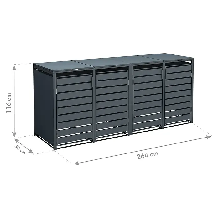 Westmann Mülltonnenbox Kubus - Stahl, Anthrazit, Geeignet für Anzahl Mülltonnen: 4 Stk. - Bild eines Mülltonnenbox-Systems mit den Maßen 116 cm Höhe, 80 cm Tiefe und 264 cm Breite.