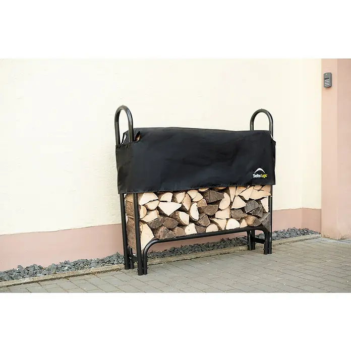 ShelterLogic Kaminholzregal - 126 x 25 x 118 cm, Stahl, Schwarz - Brennholzregal von ShelterLogic mit Abdeckung, gefüllt mit Holzscheiten, für die ordentliche Lagerung von Kaminholz im Außenbereich.