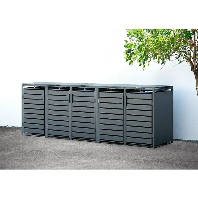 Westmann Mülltonnenbox Kubus - Stahl, Anthrazit, Geeignet für Anzahl Mülltonnen: 5 Stk. - Graue Mülltonnenbox für vier Tonnen, passend zum Außenbereich. Robustes Design mit Lattenmuster für diskrete Mülltonnenlagerung.