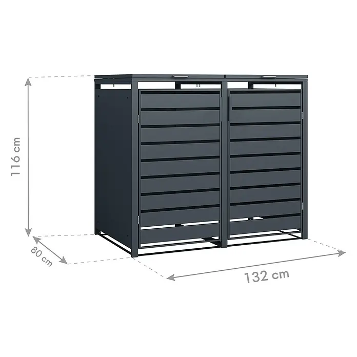 Westmann Mülltonnenbox Kubus - Stahl, Anthrazit, Geeignet für Anzahl Mülltonnen: 2 Stk. - Bild eines Mülltonnenbox-Doppelmoduls mit den Maßen 116 cm Höhe, 80 cm Tiefe und 132 cm Breite.