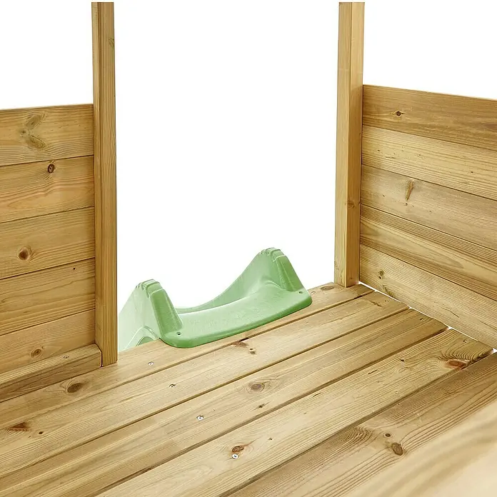 Westmann Spielhaus Wildnis - L x B x H: 241 x 167 x 205 cm, Holz, Braun - Grüne Rutsche auf einem Spielplatz mit Holzstruktur. Perfekt für Kinder zum Spielen und Spaß haben im Garten.