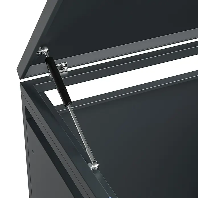 Westmann Mülltonnenbox Lacina - Stahl, Anthrazit/Braun, Geeignet für Anzahl Mülltonnen: 5 Stk. - Detailansicht eines geöffneten Deckels mit Gasdruckfeder zur Unterstützung. Hochwertige Konstruktion für sanftes Öffnen und Schließen.