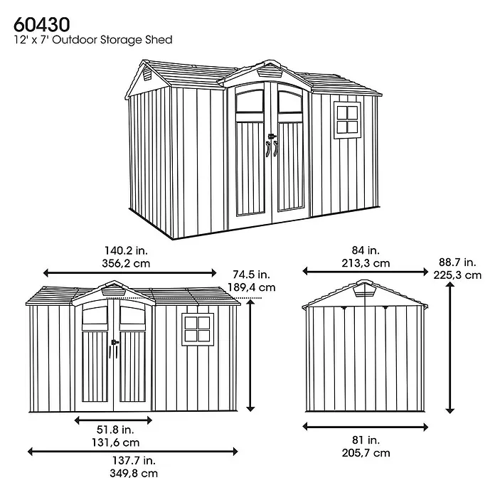 Lifetime Gerätehaus Pluto - Außenbreite inkl. Dachüberstand: 356 cm, Außentiefe inkl. Dachüberstand: 213,1 cm, Kunststoff, Grau - Strichzeichnung eines 12'x7' Gartenhauses, mit detaillierten Maßen aus verschiedenen Ansichten.