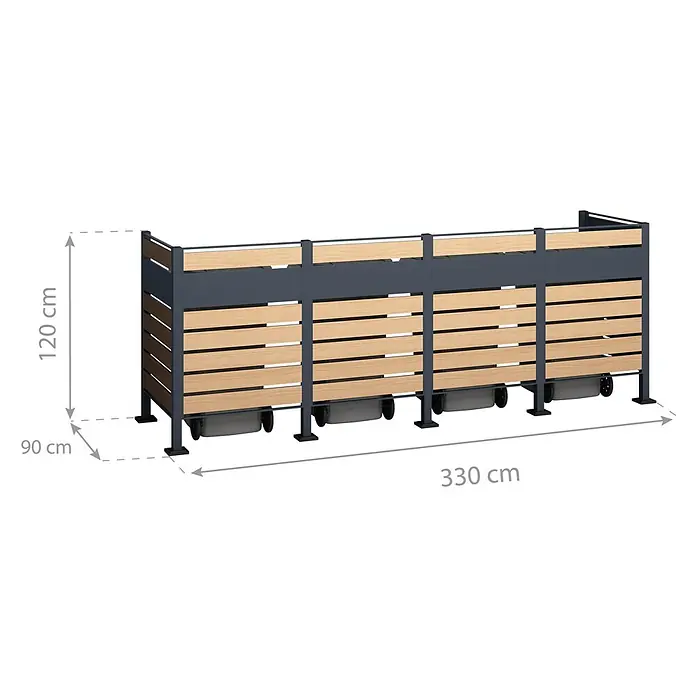 Westmann Mülltonnenbox Verkleidung Planum - 90 x 330 x 120 cm, Anthrazit/Holzoptik - Mülltonnenverkleidung aus dunkelgrauem Metall mit hellen Holzlamellen, passend für vier Abfallbehälter.