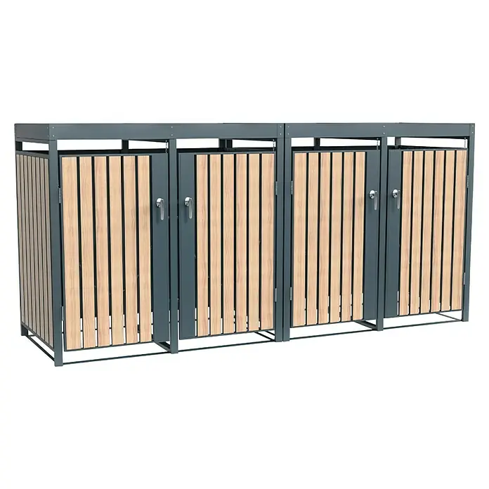 Westmann Mülltonnenbox Planta - Stahl, Anthrazit/Braun, Geeignet für Anzahl Mülltonnen: 4 Stk. - Ein grauer Mülltonnenbox für den Außenbereich, mit Holzlatten verkleidet und abschließbaren Türen. Praktisch und dekorativ.