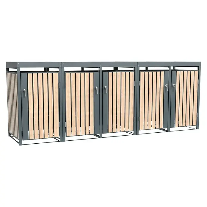 Westmann Mülltonnenbox Planta - Stahl, Anthrazit/Braun, Geeignet für Anzahl Mülltonnen: 5 Stk. - Modulare Mülltonnenbox mit grauem Metallrahmen und hellen Holzlatten, mit mehreren Fächern und Türen.