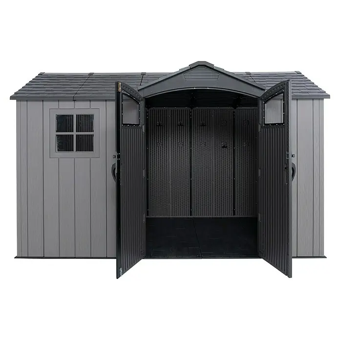 Lifetime Gerätehaus Pluto - Außenbreite inkl. Dachüberstand: 356 cm, Außentiefe inkl. Dachüberstand: 213,1 cm, Kunststoff, Grau - Graues Kunststoff-Gartenhaus mit offenen dunkelgrauen Türen, das Innere zeigend. Mit Fenster auf der linken Seite.