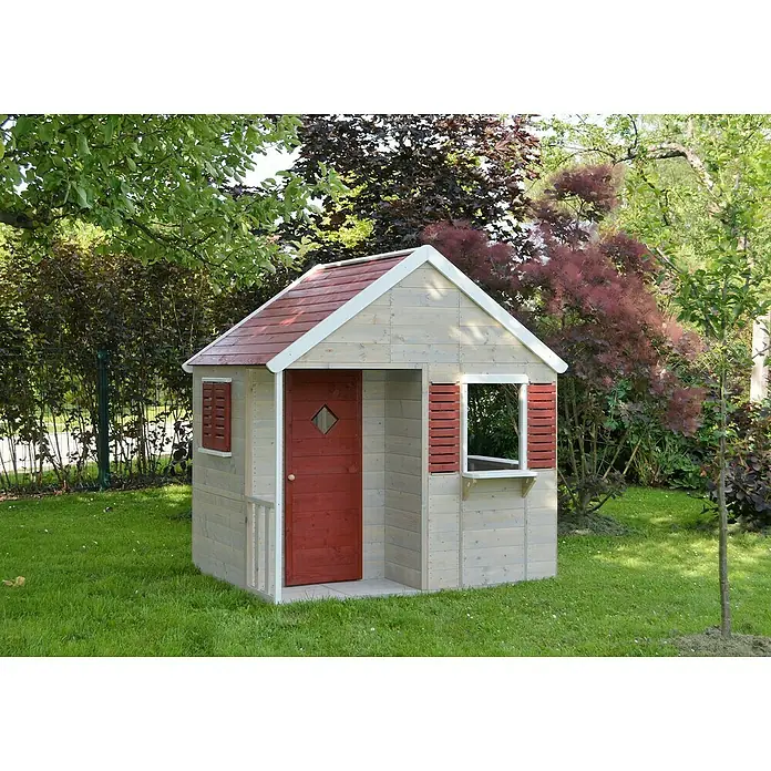 Wendi Toys Spielhaus Krokodil - L x B x H: 120 x 155 x 168 cm, Holz, Natur / Rot - Ein charmantes Spielhaus aus Holz mit roten Akzenten, ideal für Kinder zum Spielen im Garten. Das Haus bietet Spaß und fördert die Fantasie.