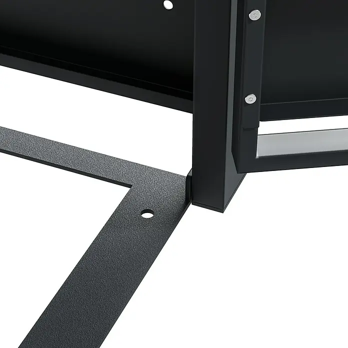 Westmann Mülltonnenbox Lacina - Stahl, Anthrazit/Braun, Geeignet für Anzahl Mülltonnen: 4 Stk. - Nahaufnahme von schwarzen Metallregalen mit gelochten und gezahnten Details. Die Regale sind robust und funktional.