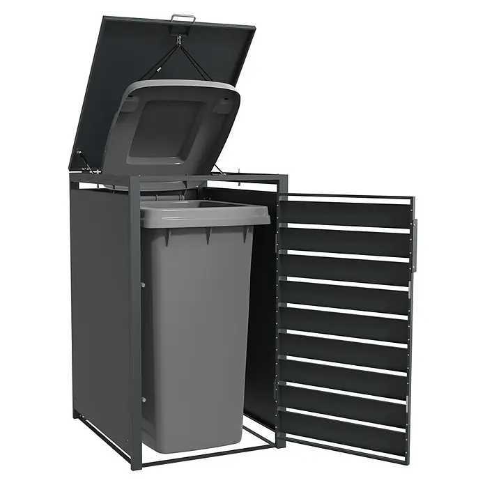 Westmann Mülltonnenbox Lacina - Stahl, Anthrazit/Braun, Geeignet für Anzahl Mülltonnen: 1 Stk. - Ein grauer Mülltonnenbox mit geöffnetem Deckel und einer Mülltonne im Inneren, ideal für die stilvolle Aufbewahrung im Außenbereich.