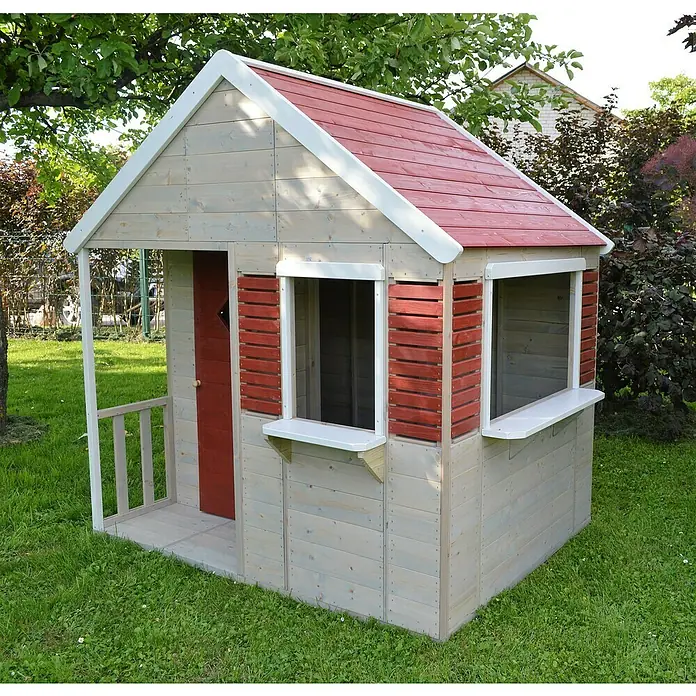 Wendi Toys Spielhaus Krokodil - L x B x H: 120 x 155 x 168 cm, Holz, Natur / Rot - Ein charmantes Spielhaus aus Holz mit rotem Dach und weißen Akzenten, ideal für fantasievolles Spielen im Garten.