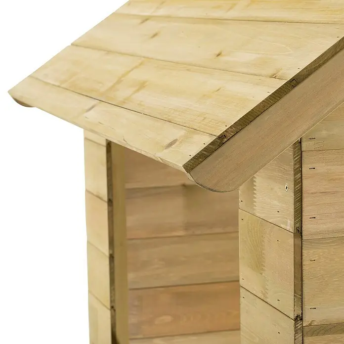 Zwerkules Spielhaus Villa - L x B x H: 137 x 121 x 140 cm, Holz, Natur - Nahaufnahme eines Holzschuppens mit einem geneigten Dach, das die handwerkliche Konstruktion und die natürliche Holzmaserung hervorhebt.