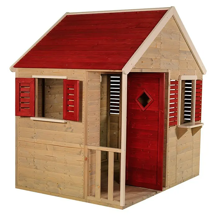 Wendi Toys Spielhaus Krokodil - L x B x H: 120 x 155 x 168 cm, Holz, Natur / Rot - Dieses Bild zeigt ein charmantes Holzspielhaus mit roten Akzenten, ideal für fantasievolles Spielen im Freien.
