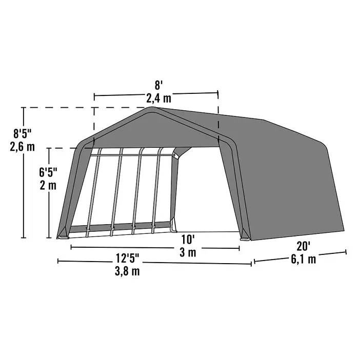 ShelterLogic Weidezelt - 610 x 380 cm, Kunststoff, Dunkelgrün - Graues Carport/Unterstand mit Bogendach und detaillierten Maßen.