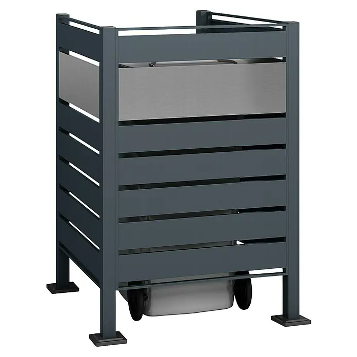 Westmann Mülltonnenbox Verkleidung Planum - 90 x 90 x 120 cm, Anthrazit/Grau - Moderne Mülltonnenbox mit grauem Rahmen und silbernen Elementen für stilvolle Mülltonnenaufbewahrung im Außenbereich.