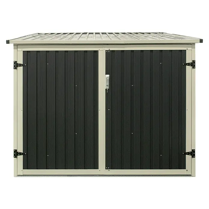 Westmann Fahrradgarage - Anthrazit, Außenmaß inkl. Dachüberstand (B x T): 200 x 202,5 cm - Zweitüriger dunkelgrauer Wellblech-Geräteschuppen mit hellbeigem Rahmen und Griff.