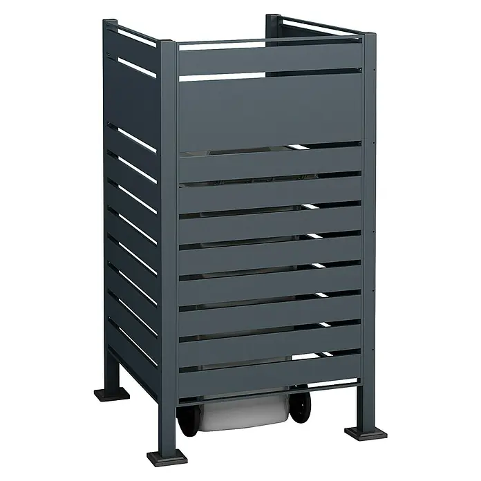 Westmann Mülltonnenbox Verkleidung Planum - 90 x 90 x 150 cm, Anthrazit - Diese Aufnahme zeigt ein stilvolles, graues Sichtschutzelement mit horizontalen Lamellen, das Privatsphäre und modernes Design vereint.
