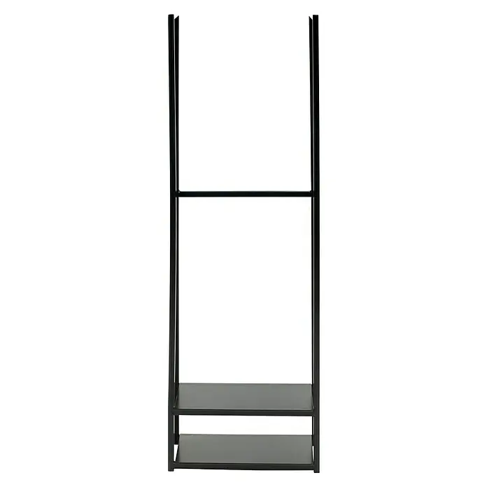 Westmann Kaminholzregal Porthos - 40 x 20 x 120 cm, Stahl, Schwarz - Das Bild zeigt ein minimalistisches, schwarzes Metallregal mit zwei Ablageflächen und einer Kleiderstange. Ideal für moderne Einrichtungen.