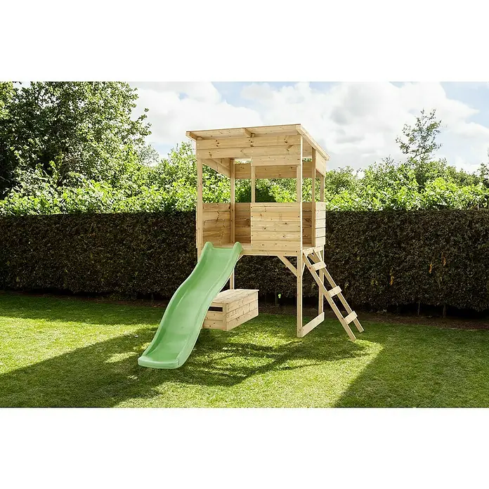 Westmann Spielhaus Wildnis - L x B x H: 241 x 167 x 205 cm, Holz, Braun - Holzspielturm mit Rutsche und Leiter im Garten. Der Spielturm bietet Kindern vielseitige Spielmöglichkeiten im Freien.