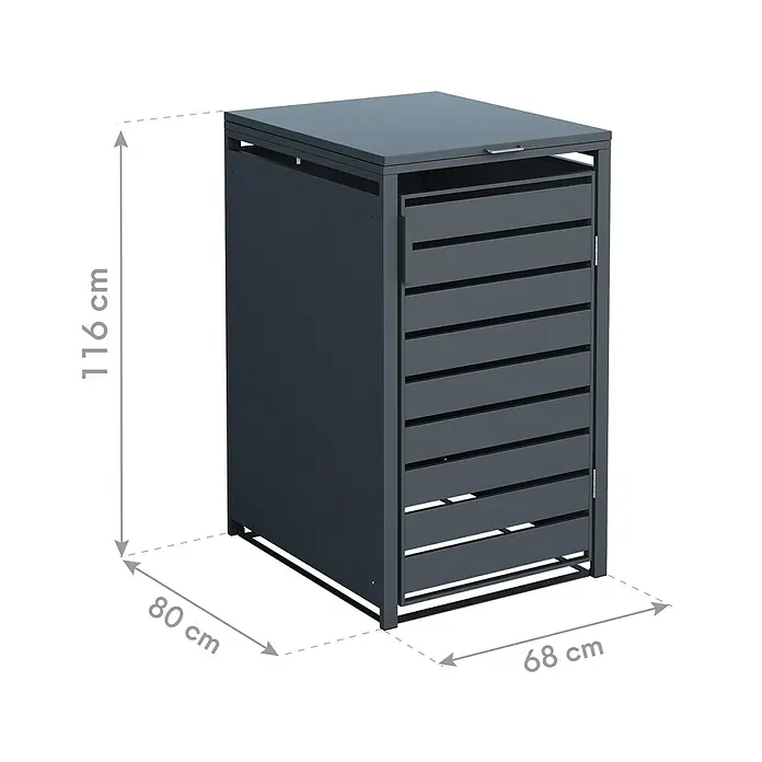 Westmann Mülltonnenbox Kubus - Stahl, Anthrazit, Geeignet für Anzahl Mülltonnen: 1 Stk. - Bild einer Mülltonnenbox mit den Maßen 116 x 80 x 68 cm, geeignet für die stilvolle Aufbewahrung von Mülltonnen im Außenbereich.