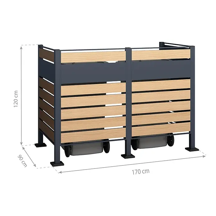 Westmann Mülltonnenbox Verkleidung Planum - 90 x 170 x 120 cm, Anthrazit/Holzoptik - Mülltonnenbox mit dunkelgrauem Metallrahmen und hellen Holzlamellen, für zwei Rolltonnen. Maße: 170x90x120 cm.