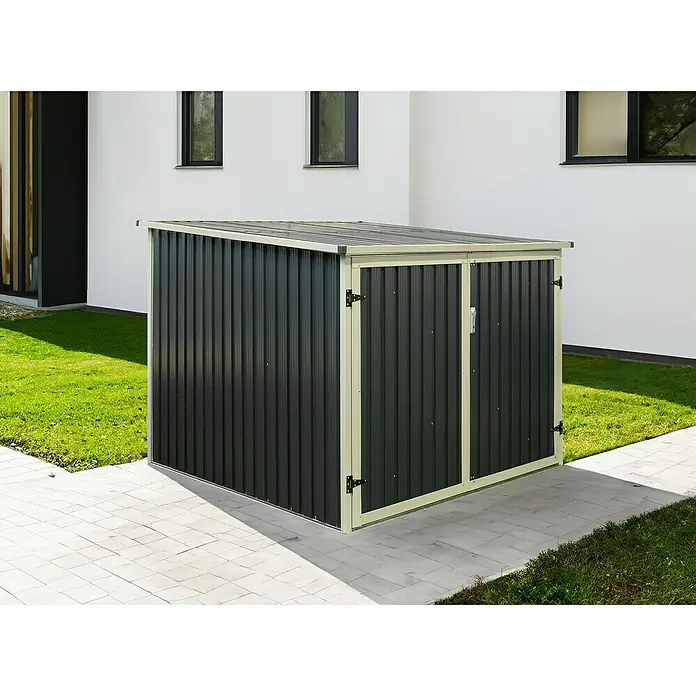 Westmann Fahrradgarage - Anthrazit, Außenmaß inkl. Dachüberstand (B x T): 200 x 202,5 cm - Dunkelgraues Wellblech-Gartenschuppen mit hellem beige Rahmen.