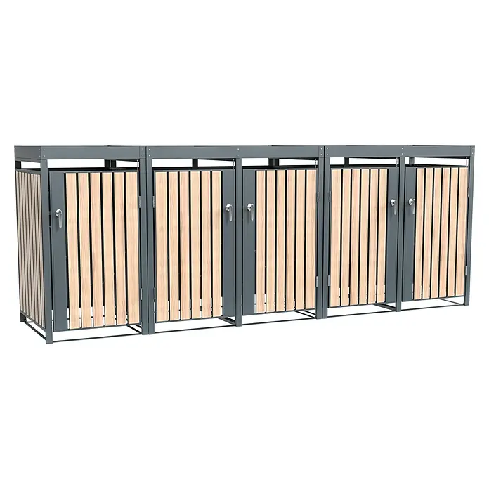 Westmann Mülltonnenbox Planta - Stahl, Anthrazit/Braun, Geeignet für Anzahl Mülltonnen: 5 Stk. - Aufnahme einer Mülltonnenbox-Reihe mit grauen Rahmen und hellbraunen Holzlatten-Türen, die ein sauberes und stilvolles Abfallmanagement zeigt.