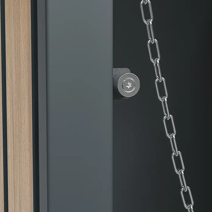 Westmann Mülltonnenbox Planta - Stahl, Anthrazit/Braun, Geeignet für Anzahl Mülltonnen: 3 Stk. - Nahaufnahme eines Sicherheitsschranks mit Kette und Schloss, der Schutz und hochwertige Verarbeitung vereint.