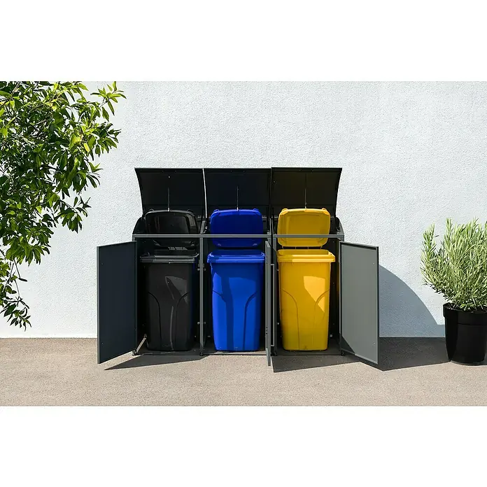 Westmann Mülltonnenbox Moderna - Stahl, Anthrazit, Geeignet für Anzahl Mülltonnen: 3 Stk. - Ein Mülltonnenbox-System mit drei farbcodierten Mülltonnen (schwarz, blau, gelb), die sich ordentlich hinter einer Metallkonstruktion verbergen.