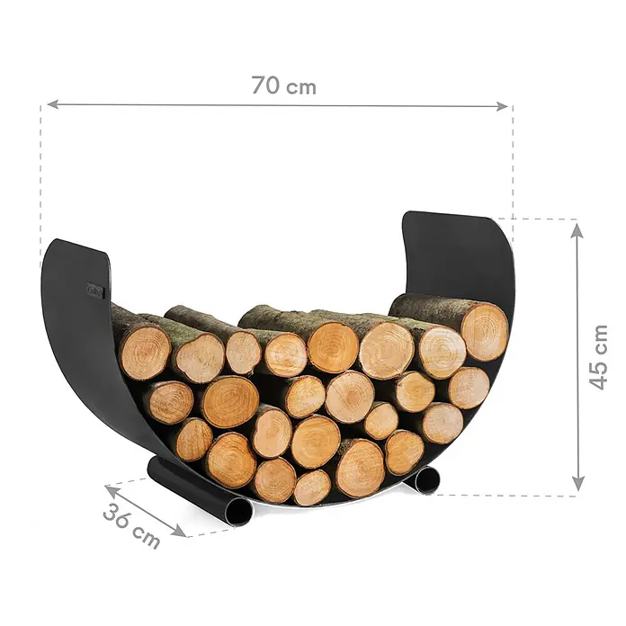 Kaminholzregal Turyn - 70 x 36 x 45 cm, Stahl, Schwarz - Das Bild zeigt einen modernen Holzkorb aus schwarzem Metall mit Holzscheiten gefüllt. Die Maße des Korbs sind angegeben: 70cm breit, 45cm hoch und 36cm tief.