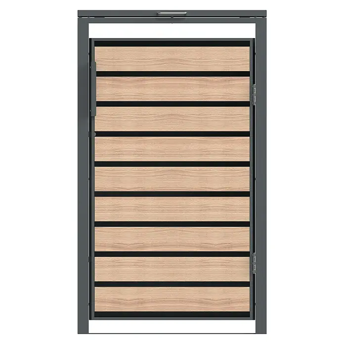 Westmann Mülltonnenbox Lacina - Stahl, Anthrazit/Braun, Geeignet für Anzahl Mülltonnen: 1 Stk. - Nahaufnahme eines modernen Holztors mit grauen Metallrahmen und horizontalen Holzpaneelen, ideal für zeitgemäße Außendesigns.