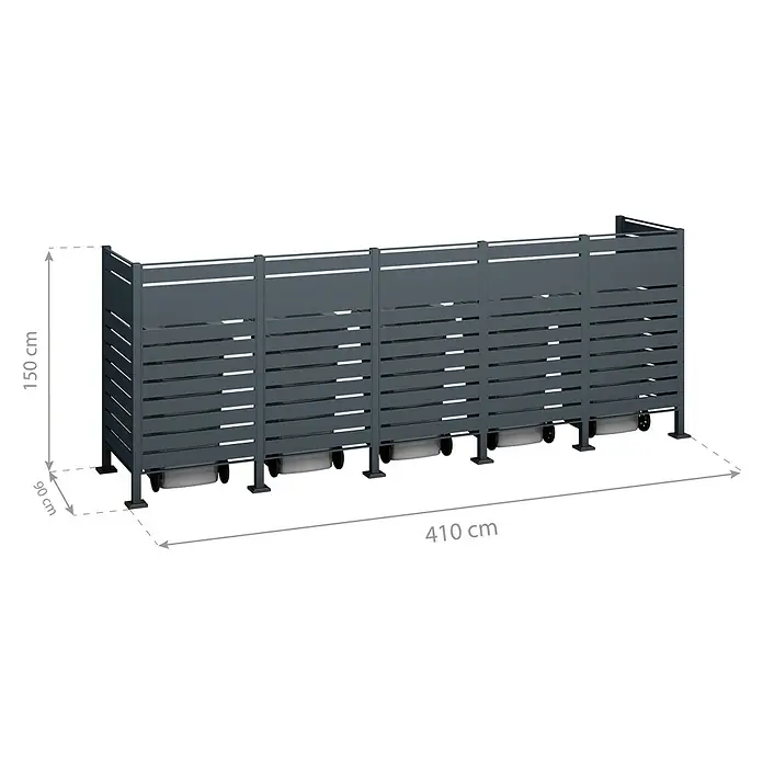 Westmann Mülltonnenbox Verkleidung Planum - 90 x 410 x 150 cm, Anthrazit - Bild einer grauen Mülltonnenbox mit den Maßen 410 x 90 x 150 cm. Das Produkt ist in einem Garten oder einer ähnlichen Umgebung platziert.