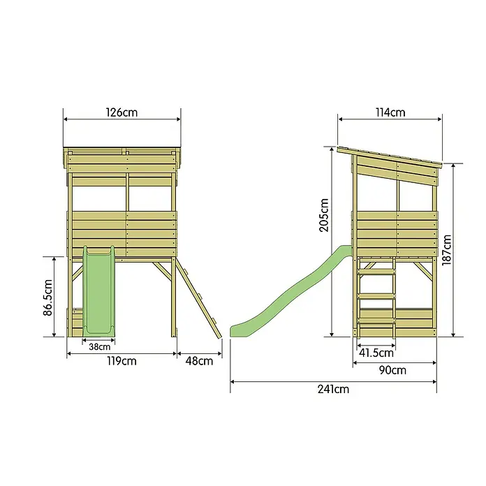 Westmann Spielhaus Wildnis - L x B x H: 241 x 167 x 205 cm, Holz, Braun - Detailansicht des Spielturms mit den Massangaben.