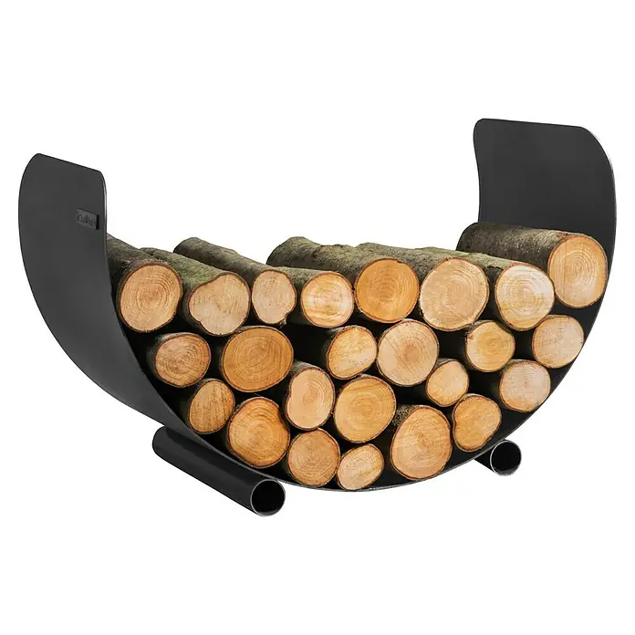 Kaminholzregal Turyn - 70 x 36 x 45 cm, Stahl, Schwarz - Brennholzregal aus schwarzem Metall, gefüllt mit Holzscheiten. Praktisch und stilvoll für die Lagerung von Kaminholz im Innen- und Außenbereich.