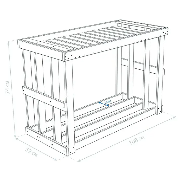 Westmann Kaminholzregal Stephan - 108 x 52 x 74 cm, Holz, Anthrazit - Illustration eines Holzregals mit den Maßen 74cm Höhe, 108cm Länge und 52cm Breite, sowie einer Detailangabe von 13cm.