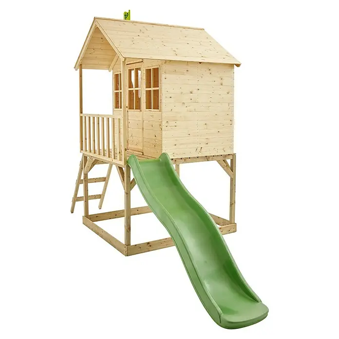 TP Toys Spielhaus Wald - L x B x H: 137 x 306 x 230 cm, Holz, Braun - Das Bild zeigt ein Spielhaus aus Holz mit einer grünen Rutsche, ideal für Kinder zum Spielen und Spaß haben im Garten.